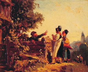 卡爾 施皮茨韋格 Swabian Girls at a Garden Fence 卡爾 施皮茨韋格 Swabian Girls at a Garden Fence